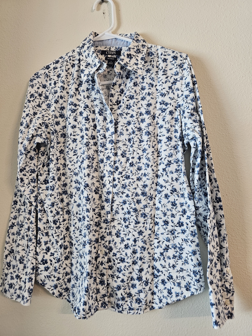Chaps White Button-Down Shirt with Blue Floral Print - Women’s